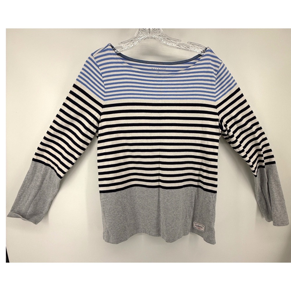 Talbots Authentic Womens Striped Colorblock Cotton Long Sleeve Tee Blue Grey M